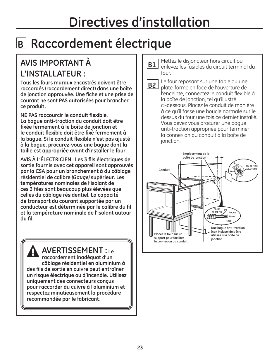 E raccordement électrique, Avisimportanta l'installateur, A avertissement:le | Directives d'installation | GE ZET1SMSS User Manual | Page 23 / 44