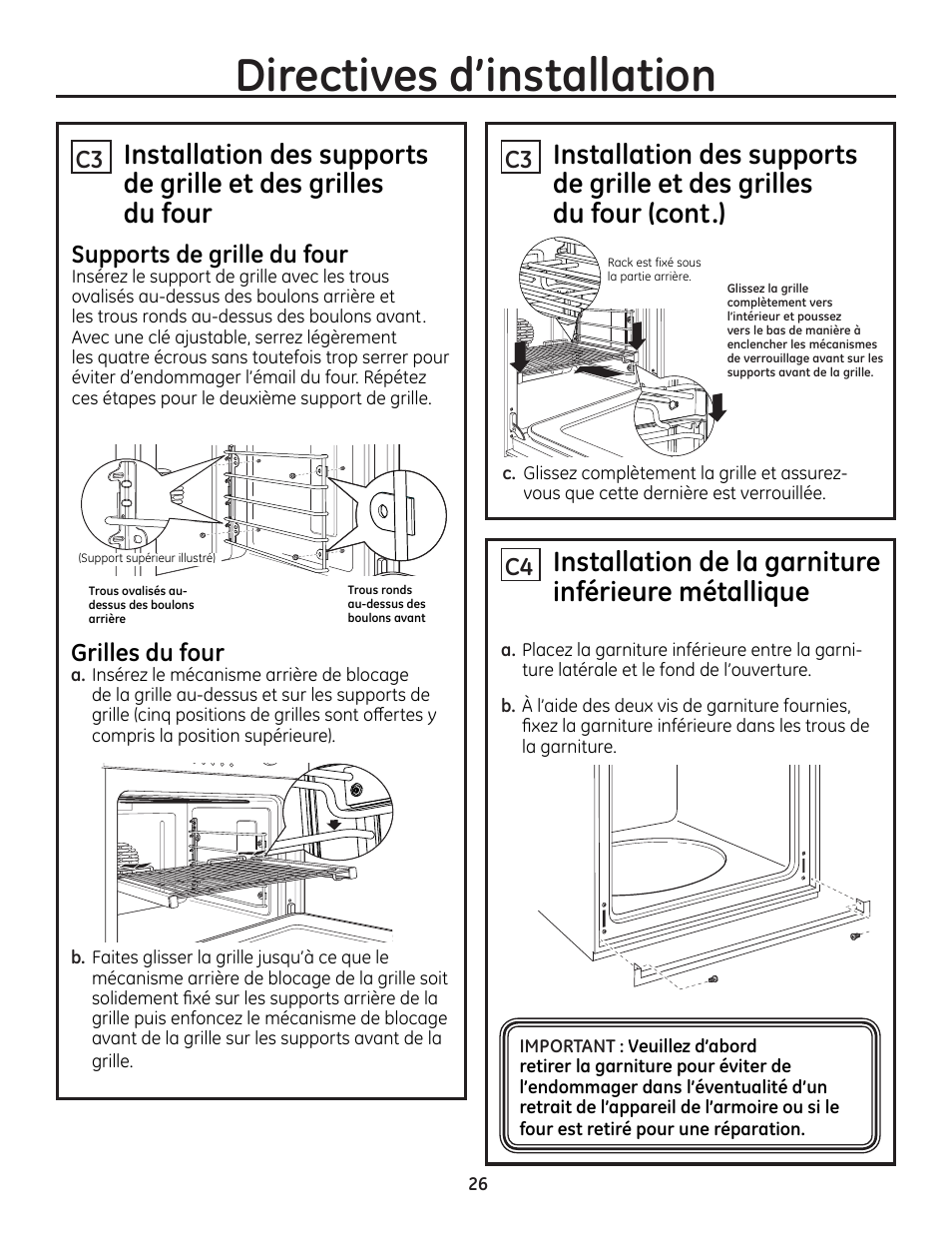Supports de grille du four, Grilles du four, Directives d'installation | Installation de la garniture inférieure métallique | GE ZET1SMSS User Manual | Page 26 / 44