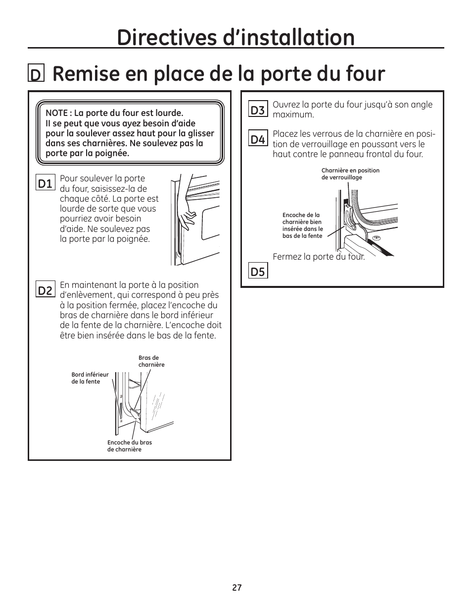 Remise en place de la porte du four, Directives d'installation, Di d2 | GE ZET1SMSS User Manual | Page 27 / 44