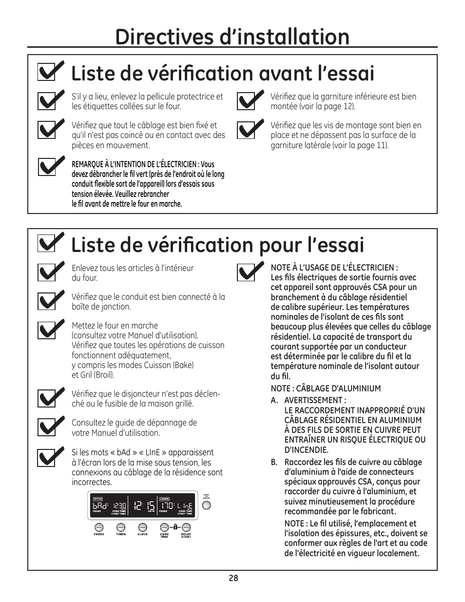 Liste de vérification avant l'essai, Liste de vérification pour l'essai, Directives d'installation | GE ZET1SMSS User Manual | Page 28 / 44