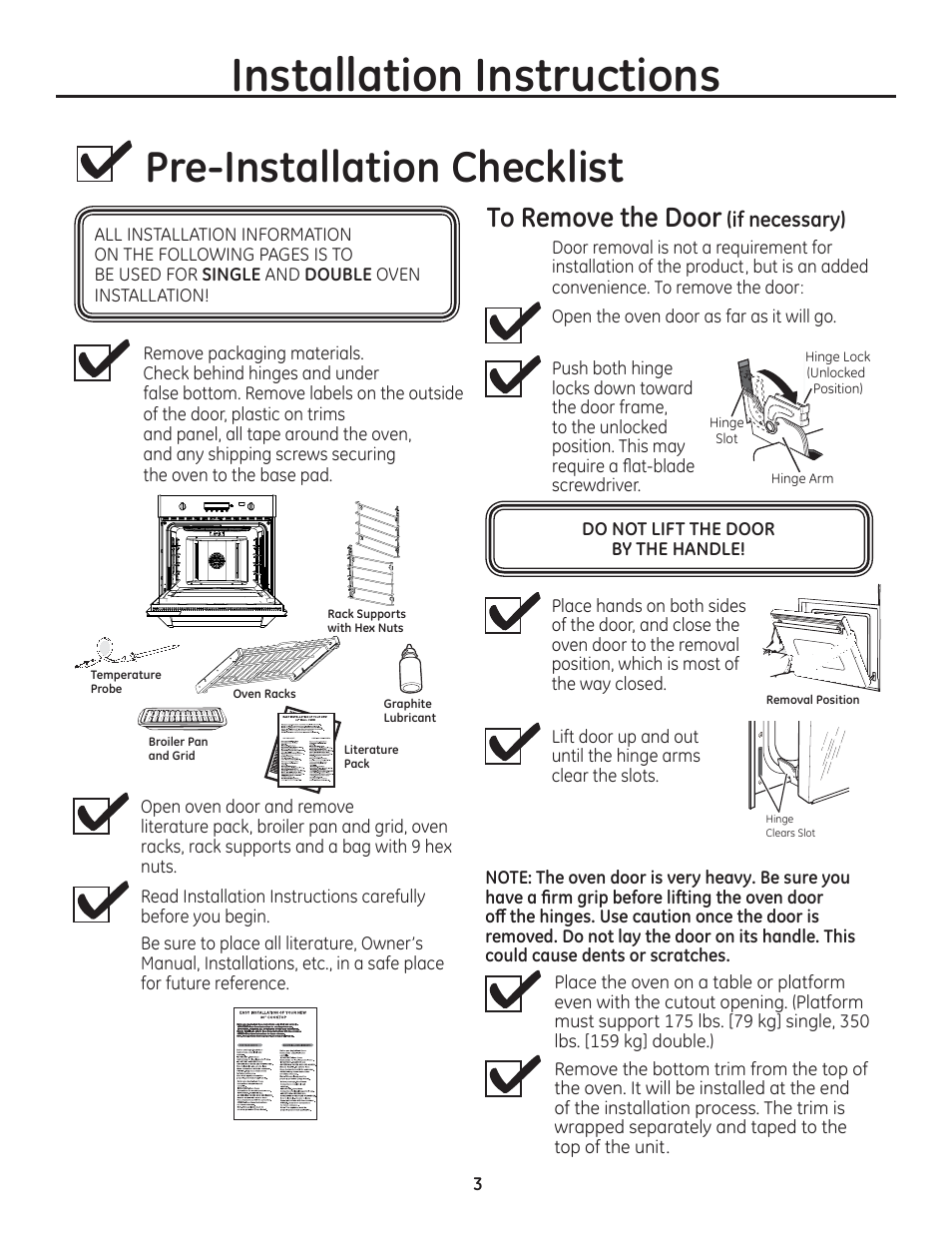 0^ pre-installation checklist, To remove the door (if necessary), Installation instructions | GE ZET1SMSS User Manual | Page 3 / 44