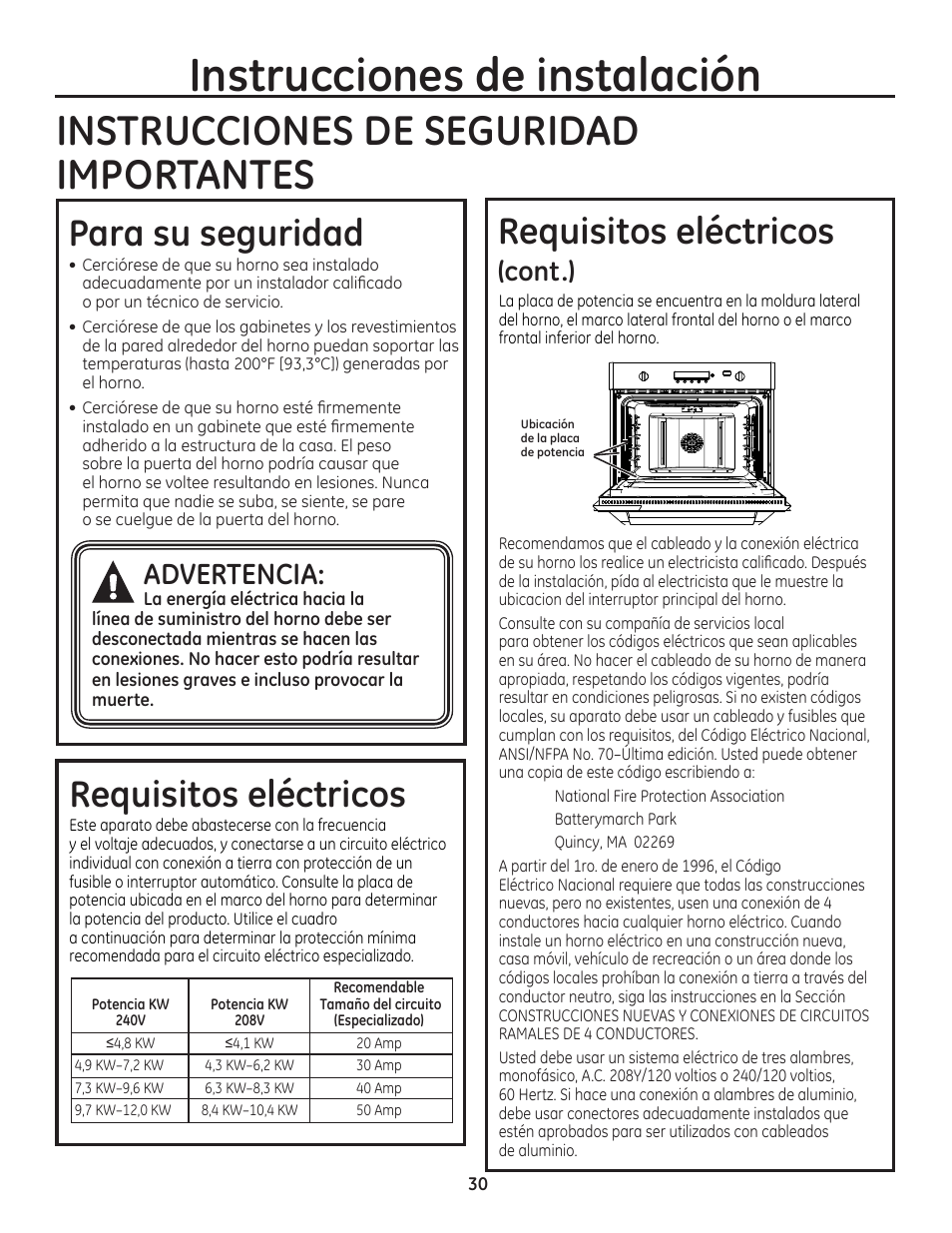 Para su seguridad, Requisitos eléctricos, Cont.) | Instrucciones de instalación, Instrucciones de seguridad importantes, Advertencia | GE ZET1SMSS User Manual | Page 30 / 44