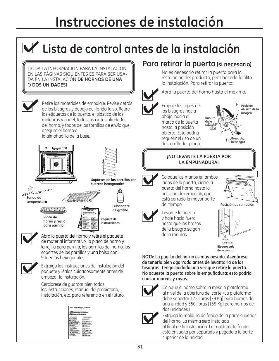 Lista de control antes de la instalación, Para retirar la puerta (si necesario), Instrucciones de instalación | Para retirar la puerta, Si necesario) | GE ZET1SMSS User Manual | Page 31 / 44