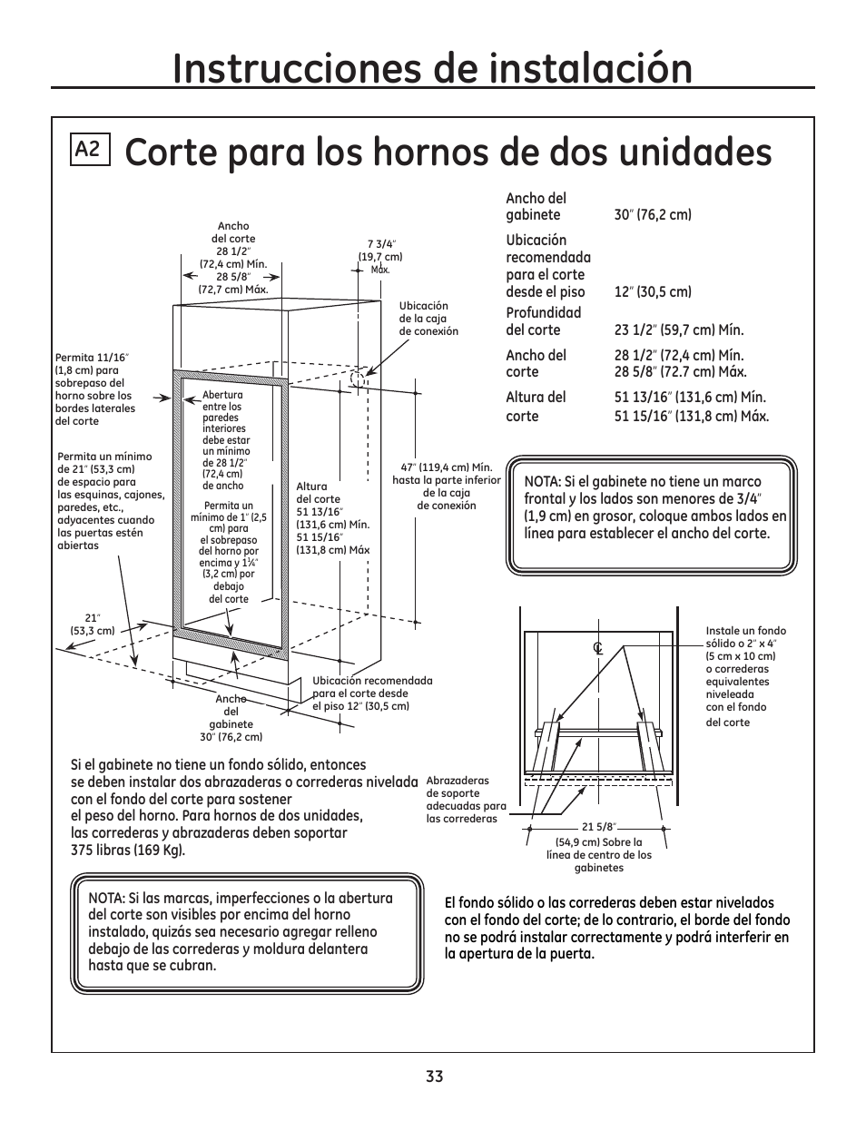 Corte para los hornos de dos unidades, Instrucciones de instalación, Ancho | GE ZET1SMSS User Manual | Page 33 / 44