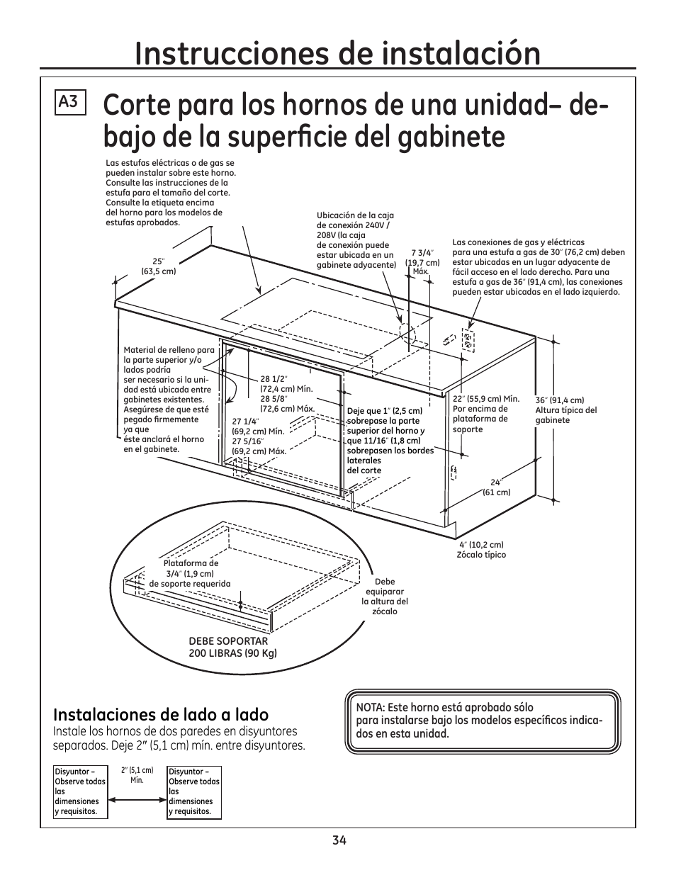 Instalaciones de lado a lado, Instrucciones de instalación | GE ZET1SMSS User Manual | Page 34 / 44