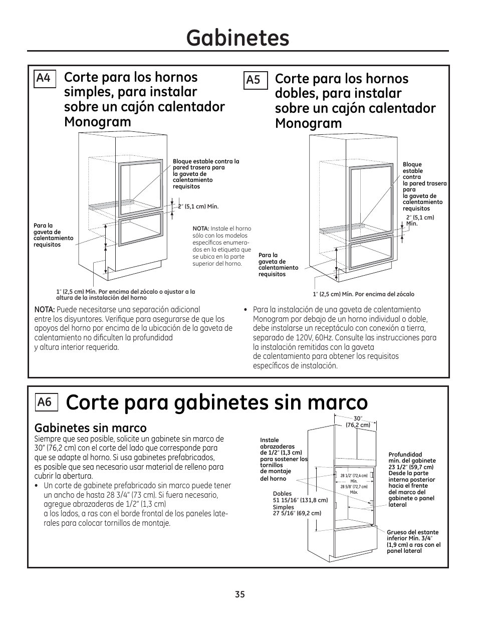 Gabinetes, Corte para gabinetes sin marco, Gabinetes sin marco | GE ZET1SMSS User Manual | Page 35 / 44