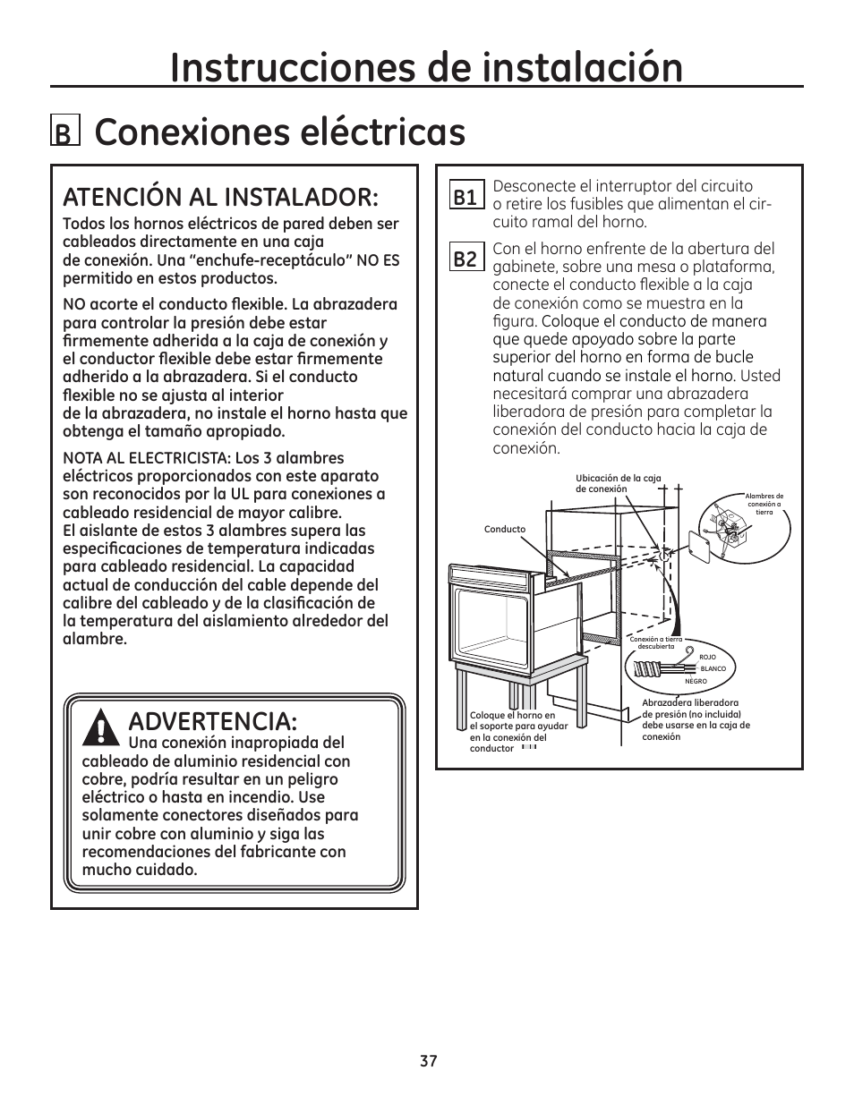 B conexiones eléctricas, Atencion al instalador, Instrucciones de instalación | Advertencia | GE ZET1SMSS User Manual | Page 37 / 44