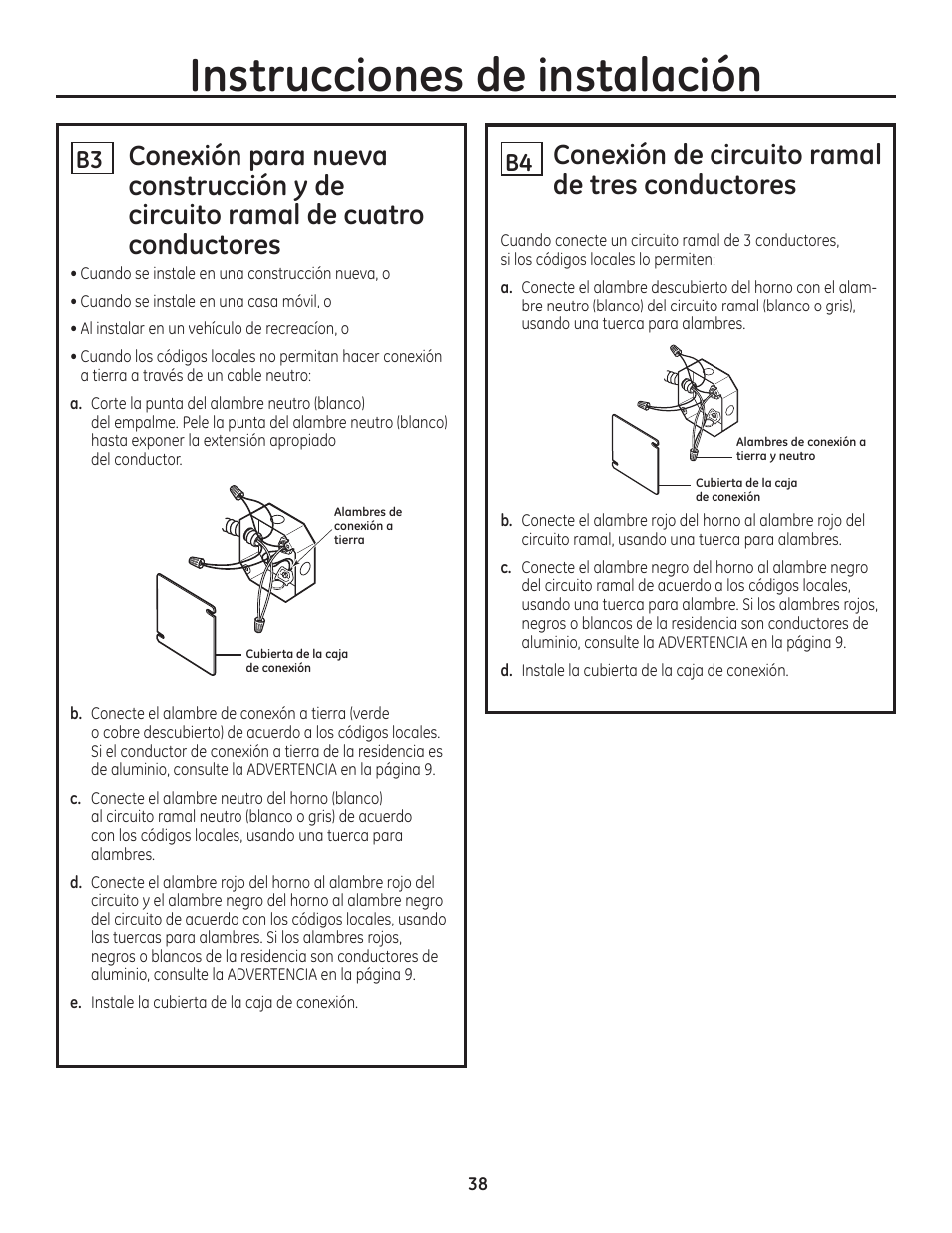 Instrucciones de instalación, Conexión de circuito ramal de tres conductores | GE ZET1SMSS User Manual | Page 38 / 44