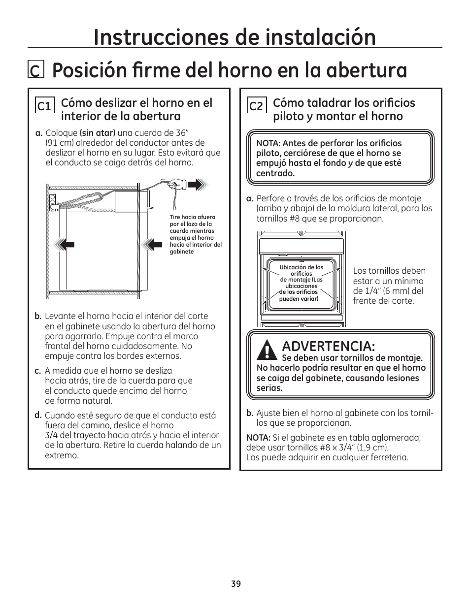 U posición firme del horno en la obertura, Instrucciones de instalación, Posición firme del horno en la obertura | Advertencia | GE ZET1SMSS User Manual | Page 39 / 44