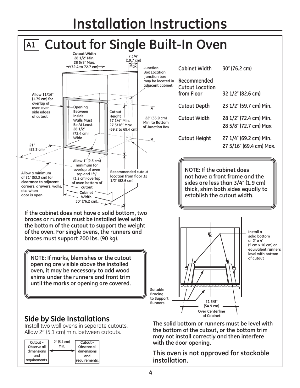 Cutoutforsingle built-in oven, Side by side installations, Installation instructions | GE ZET1SMSS User Manual | Page 4 / 44