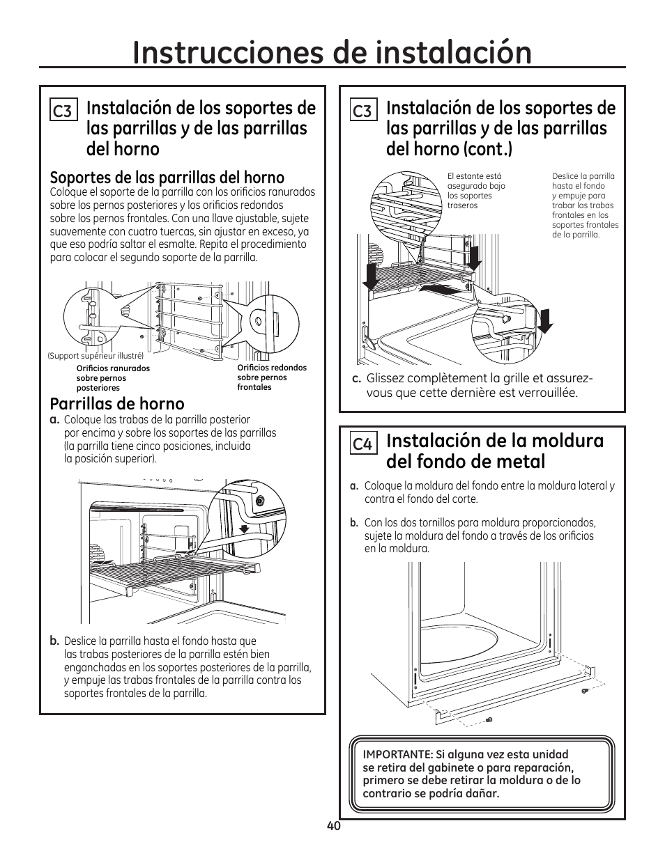 Soportes de las parrillas del horno, Parrillas de horno, Instrucciones de instalación | Instalación de la moldura del fondo de metal | GE ZET1SMSS User Manual | Page 40 / 44