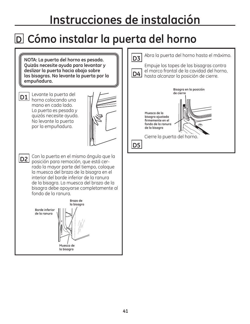 Cómo instalar la puerta del horno, Instrucciones de instalación, Di d2 | D3 d4 | GE ZET1SMSS User Manual | Page 41 / 44