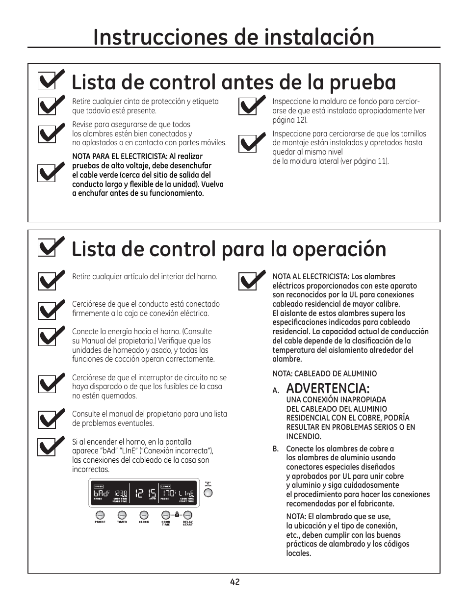 Lista de control antes de la prueba, Lista de control para la operación, A. advertencia | Instrucciones de instalación | GE ZET1SMSS User Manual | Page 42 / 44