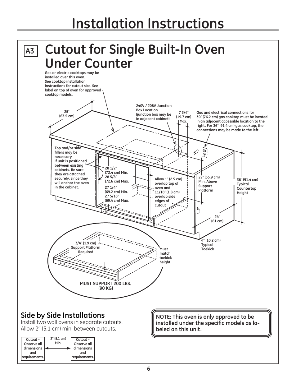 Cutoutfor single built-in oven under counter, Side by side installations, Installation instructions | GE ZET1SMSS User Manual | Page 6 / 44