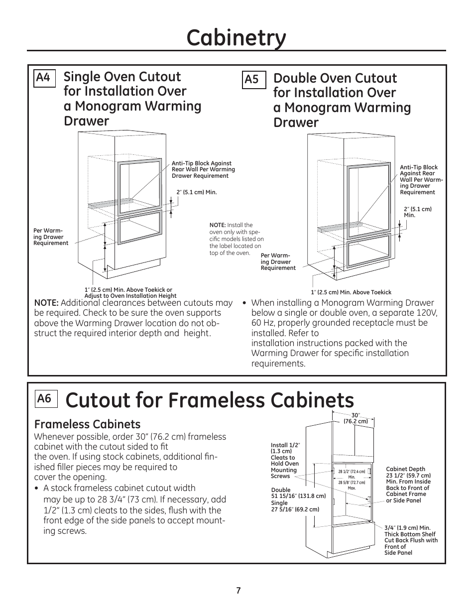 Cabinetry, Cutoutfor frameless cabinets, Frameless cabinets | GE ZET1SMSS User Manual | Page 7 / 44