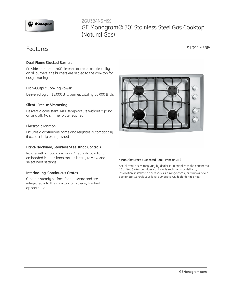 GE ZGU384NSMSS User Manual | 3 pages