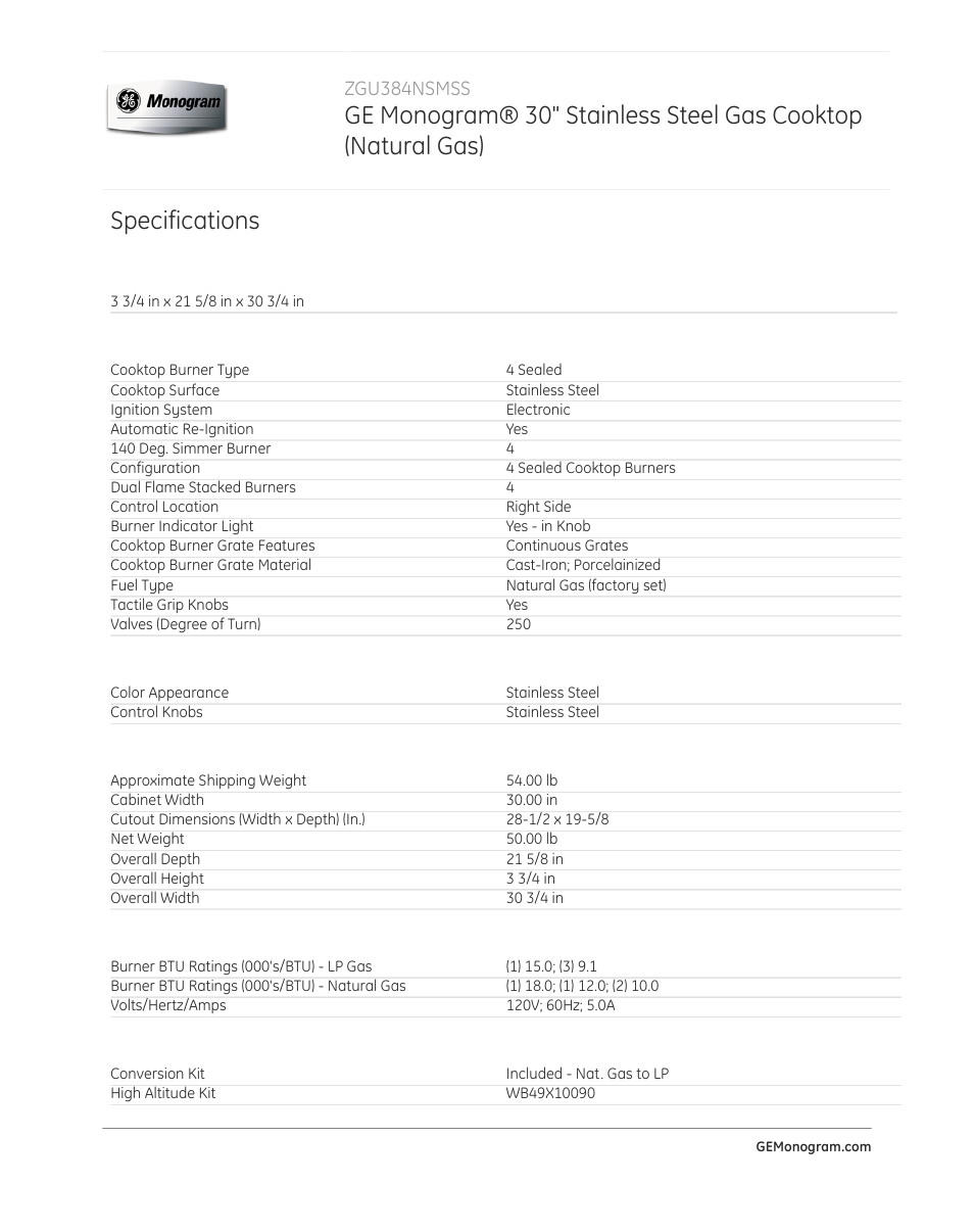 Specifications | GE ZGU384NSMSS User Manual | Page 2 / 3