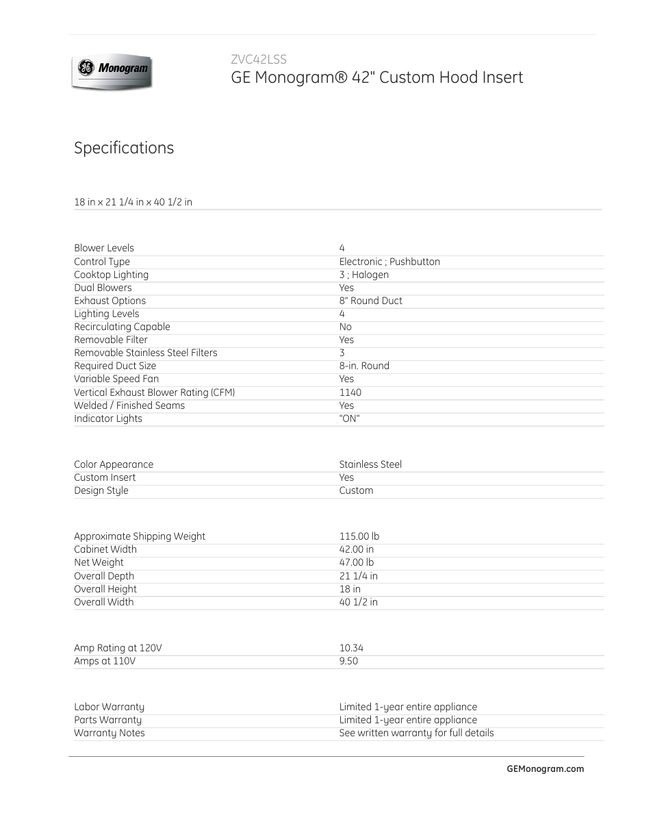Ge monogram® 42" custom hood insert, Specifications, Zvc42lss | GE ZVC42LSS User Manual | Page 2 / 2