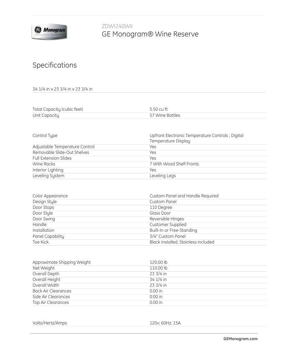 Ge monogram® wine reserve, Specifications, Zdwi240wii | GE ZDWI240WII User Manual | Page 2 / 3