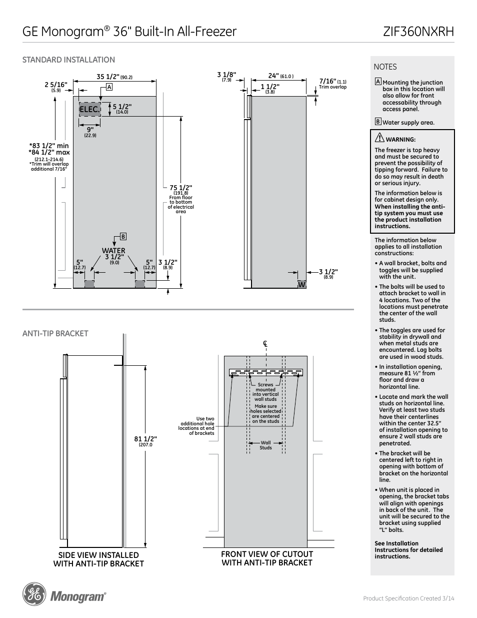 Zif360nxrh ge monogram, 36" built-in all-freezer, Zif360nxrh | Standard installation anti-tip bracket, Side view, Front view elec, Side view installed with anti-tip bracket, Front view of cutout with anti-tip bracket | GE ZIF360NXRH User Manual | Page 2 / 6