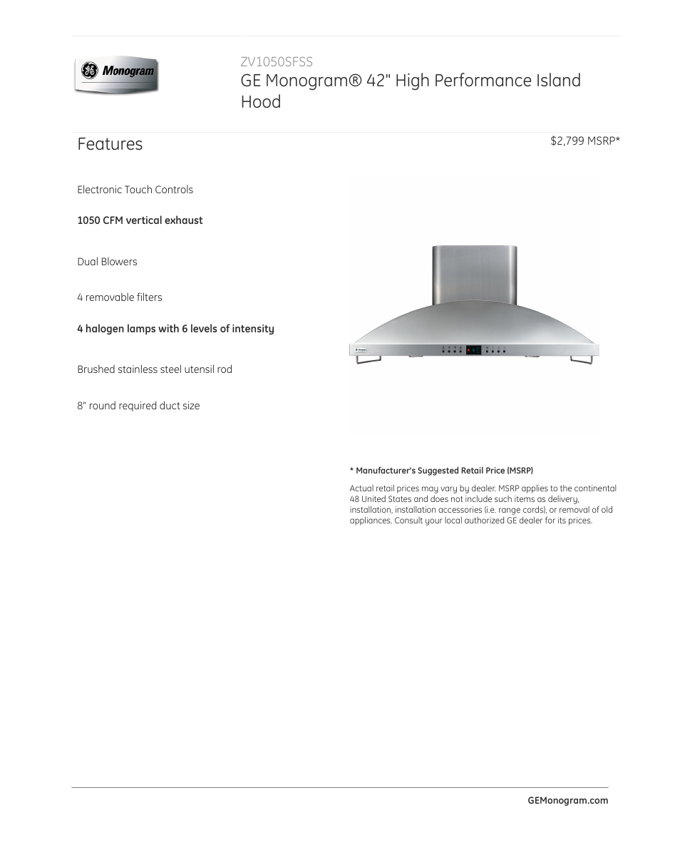 GE ZV1050SFSS User Manual | 2 pages