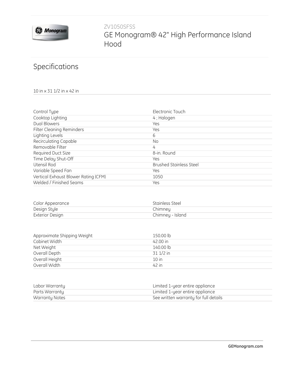 Ge monogram® 42" high performance island hood, Specifications | GE ZV1050SFSS User Manual | Page 2 / 2