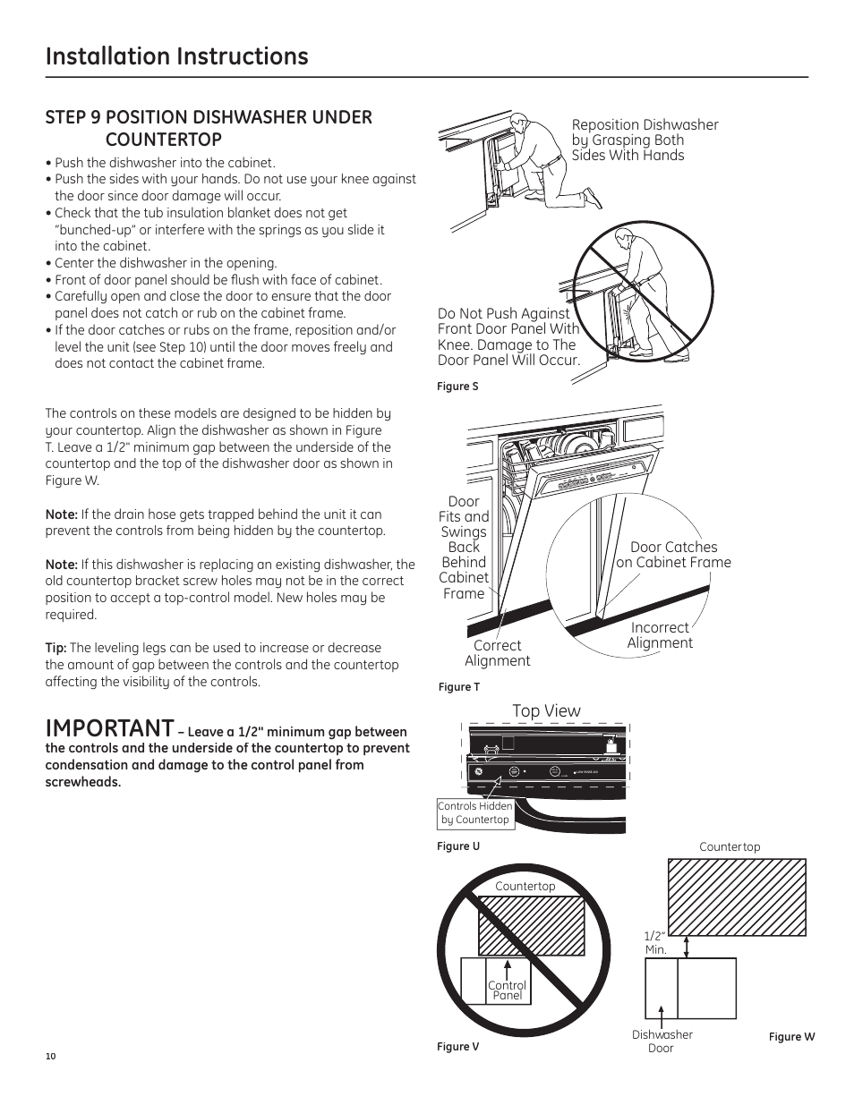 Installation instructions, Important, Step 9 position dishwasher under countertop | Top view | GE ZBD1850NII User Manual | Page 12 / 16