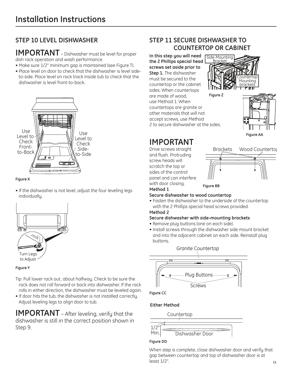 Installation instructions, Important, 2514c | Step 10 level dishwasher, Step 11 secure dishwasher to countertop or cabinet | GE ZBD1850NII User Manual | Page 13 / 16