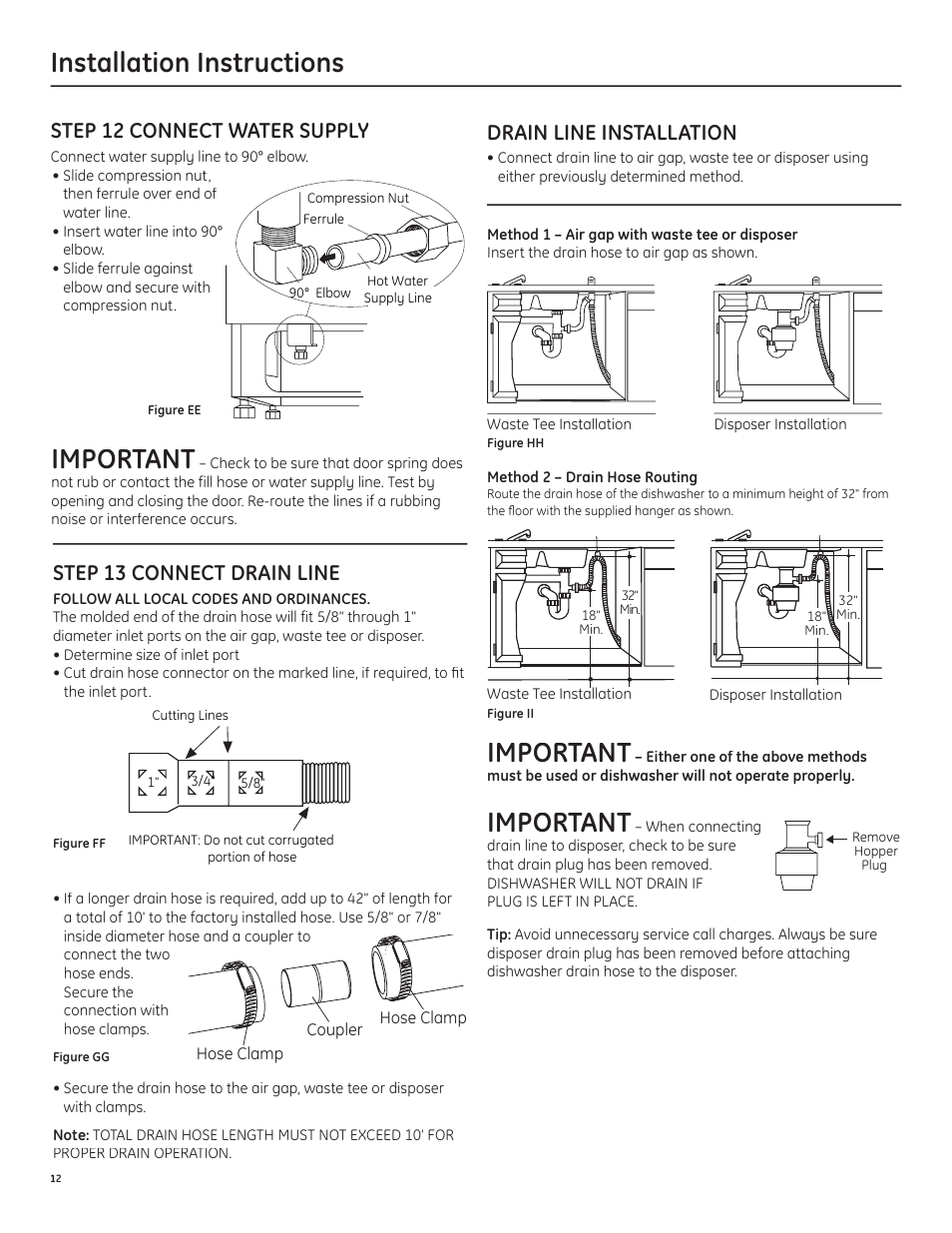 Installation instructions, Important, Step 12 connect water supply | Step 13 connect drain line, Drain line installation | GE ZBD1850NII User Manual | Page 14 / 16