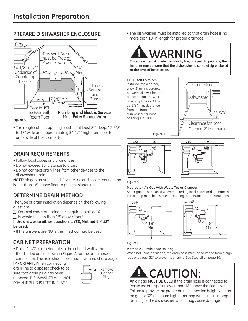 Warning, Caution, Installation preparation | Prepare dishwasher enclosure, Drain requirements, Determine drain method, Cabinet preparation | GE ZBD1850NII User Manual | Page 6 / 16