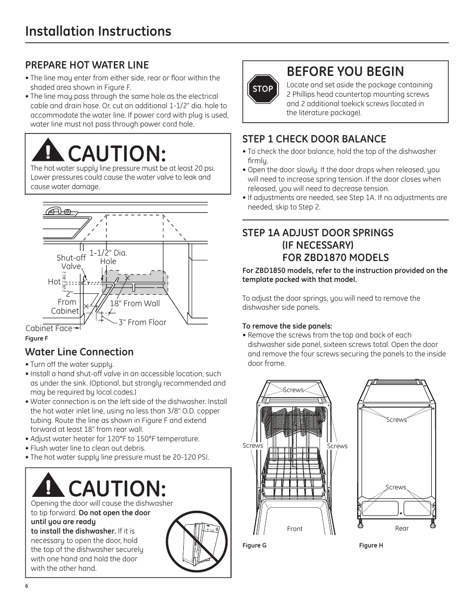 Caution, Installation instructions, Before you begin | Prepare hot water line, Water line connection, Step 1 check door balance | GE ZBD1850NII User Manual | Page 8 / 16