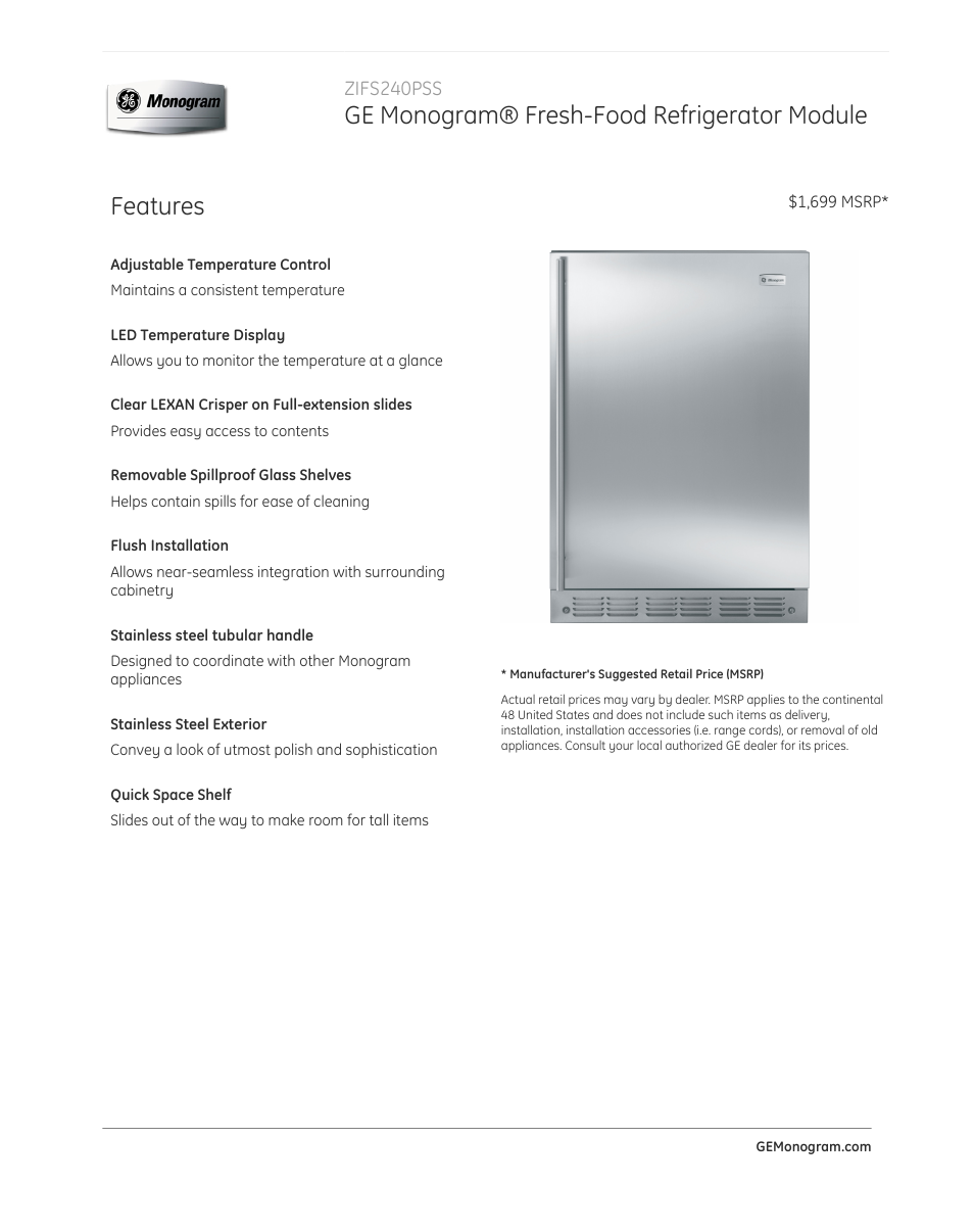 GE ZIFS240PSS User Manual | 3 pages