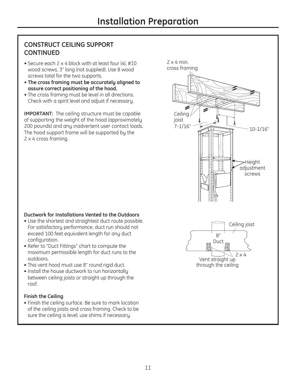 Installation preparation, Construct ceiling support continued | GE ZV925SLSS User Manual | Page 11 / 28