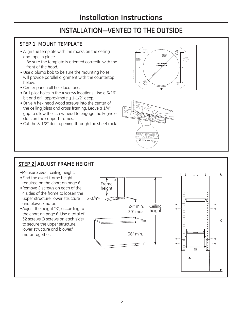 Installation instructions, Step 1 mount template, Step 2 adjust frame height | GE ZV925SLSS User Manual | Page 12 / 28