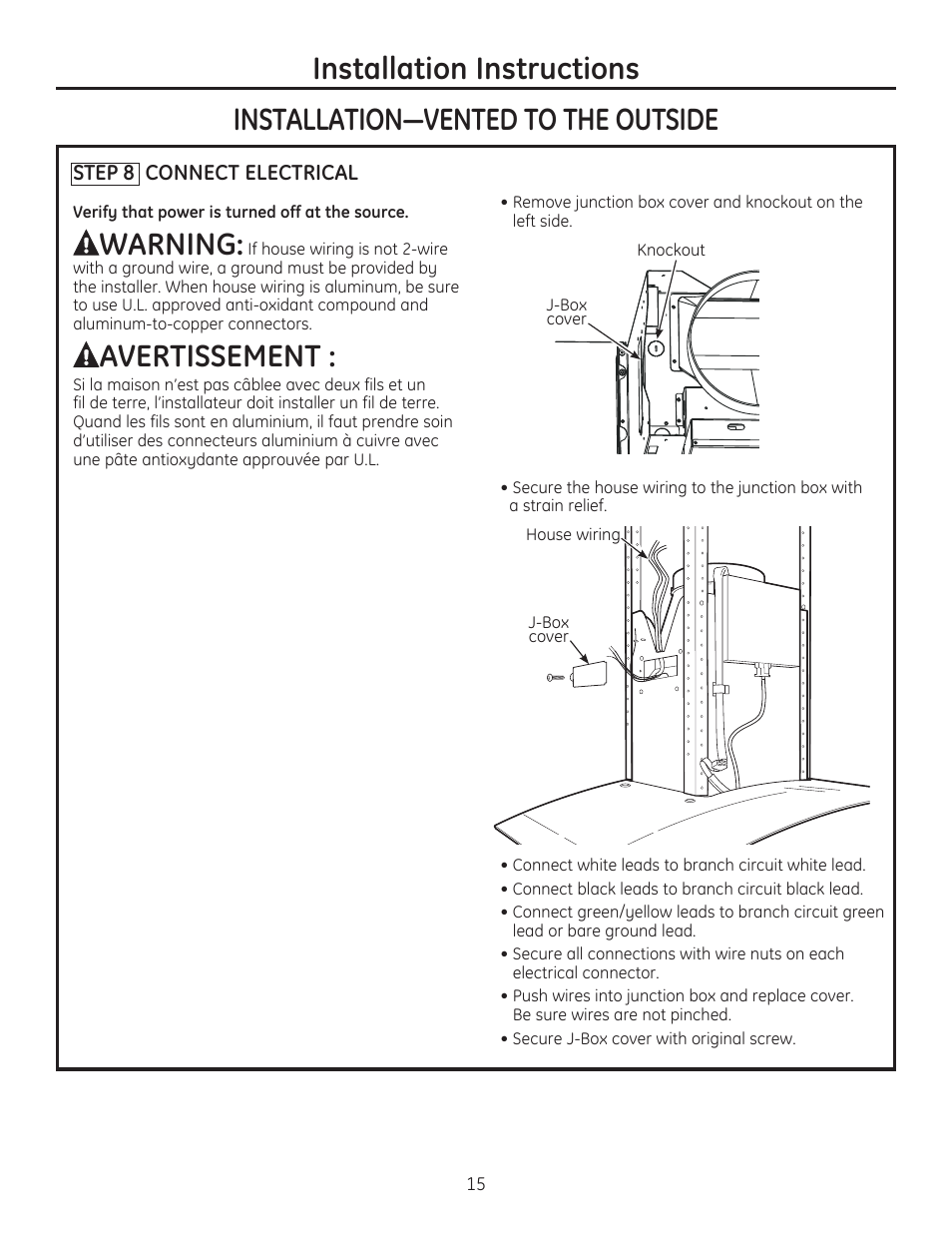 Installation instructions, Warning, Avertissement | GE ZV925SLSS User Manual | Page 15 / 28