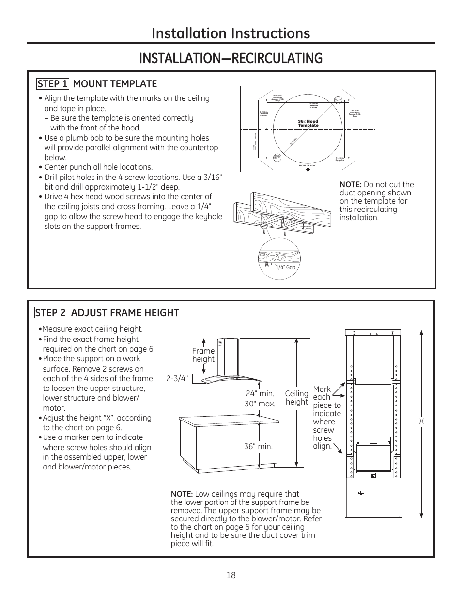 Installation instructions, Step 1 mount template step 2 adjust frame height | GE ZV925SLSS User Manual | Page 18 / 28
