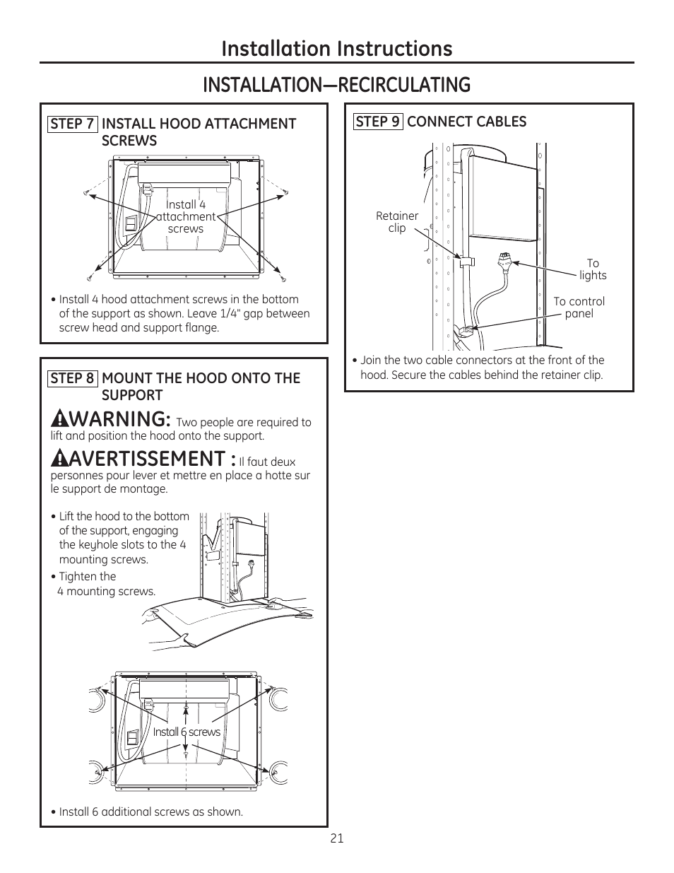 Warning, Avertissement | GE ZV925SLSS User Manual | Page 21 / 28