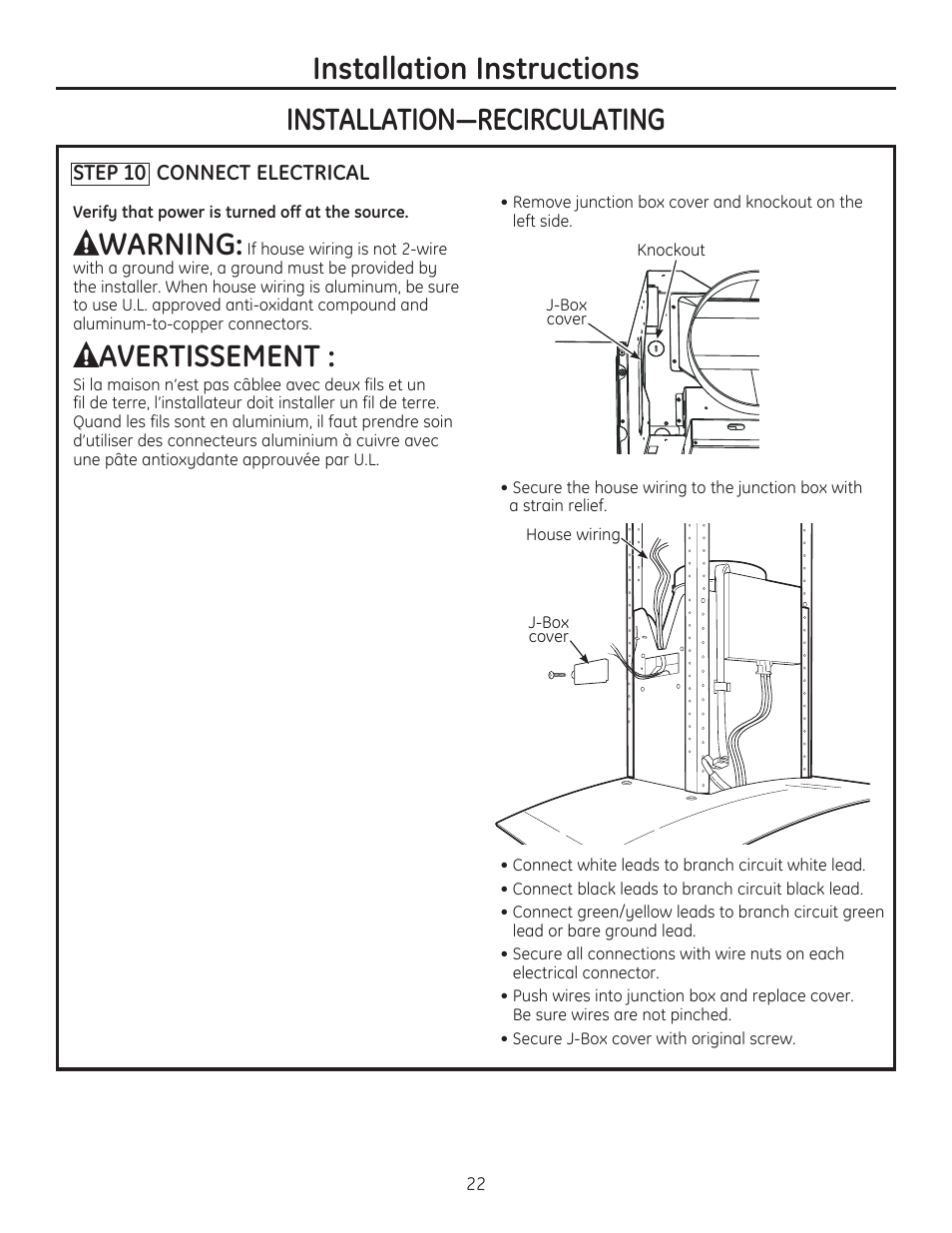Warning, Avertissement | GE ZV925SLSS User Manual | Page 22 / 28