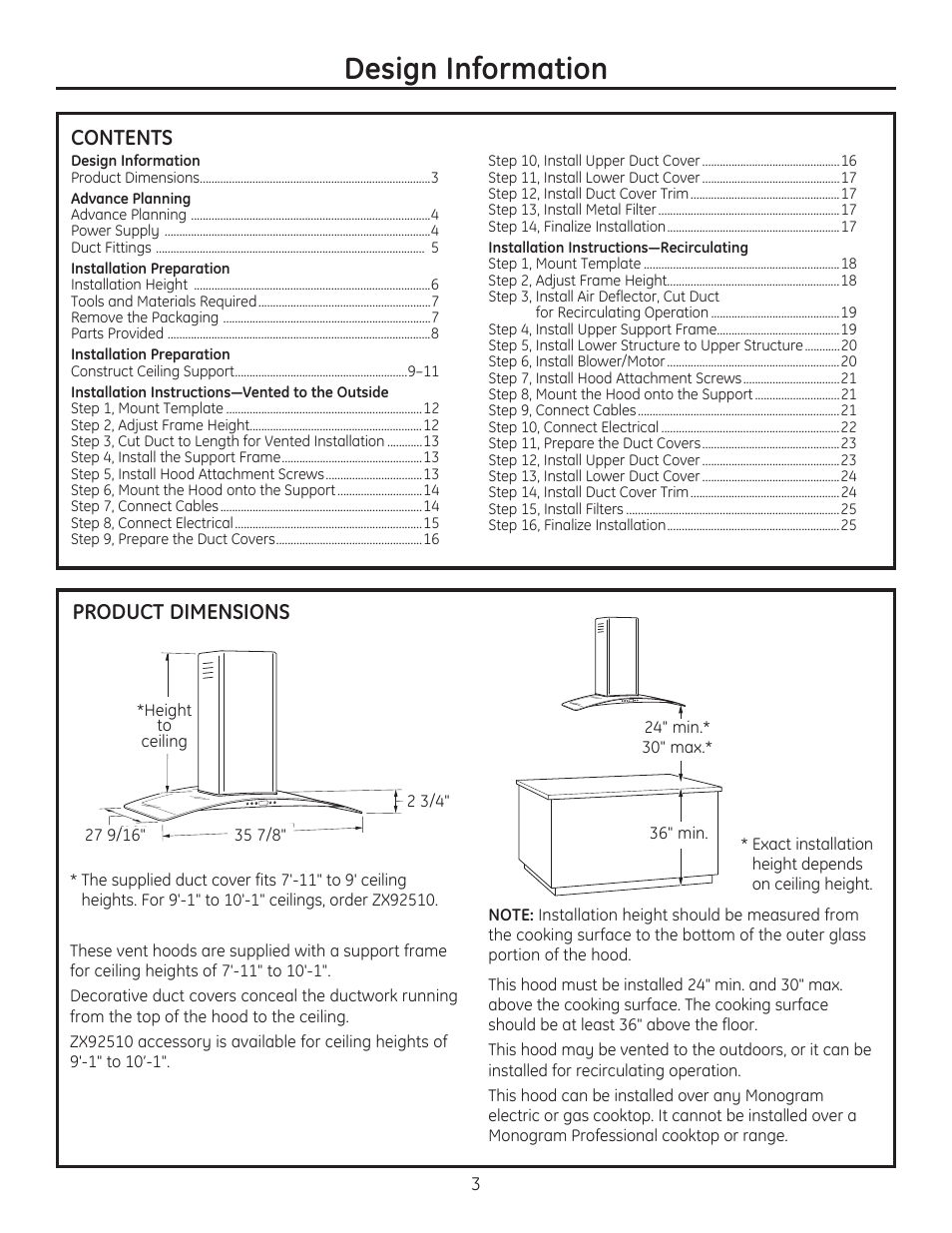 Design information, Product dimensions contents | GE ZV925SLSS User Manual | Page 3 / 28