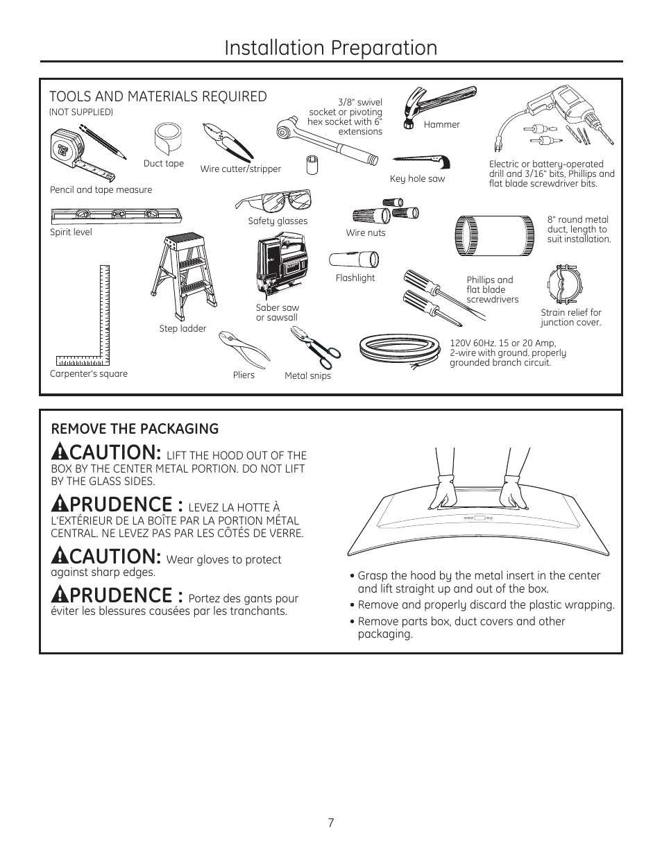 Installation preparation, Caution, Prudence | Tools and materials required, Remove the packaging | GE ZV925SLSS User Manual | Page 7 / 28