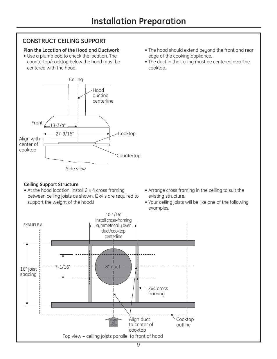 Installation preparation, Construct ceiling support | GE ZV925SLSS User Manual | Page 9 / 28