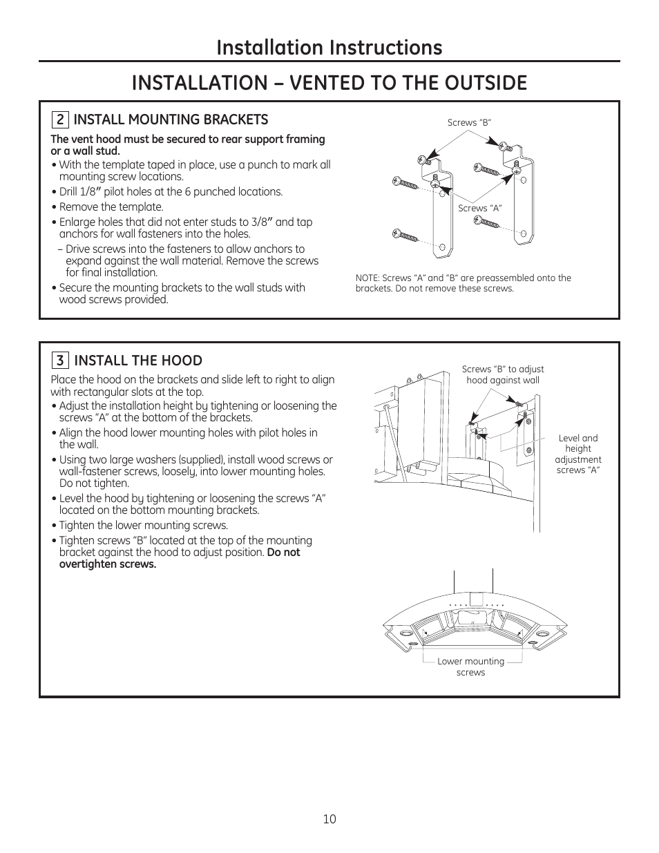 Install mounting brackets, 3 install the hood | GE ZV750SPSS User Manual | Page 10 / 56