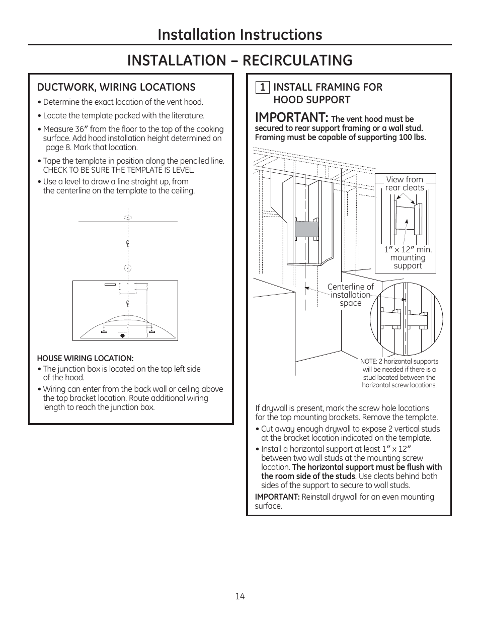 Important, Ductwork, wiring locations, Install framing for hood support | GE ZV750SPSS User Manual | Page 14 / 56