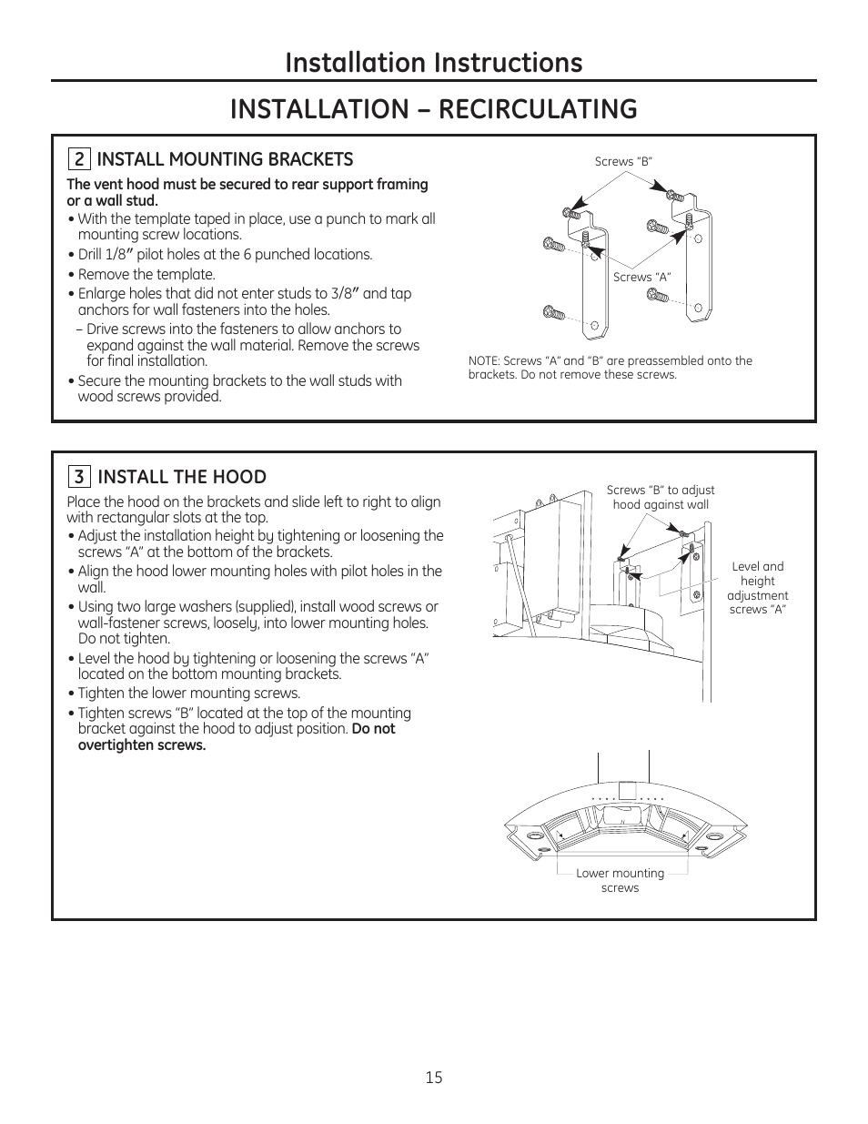 Install mounting brackets, 3 install the hood | GE ZV750SPSS User Manual | Page 15 / 56