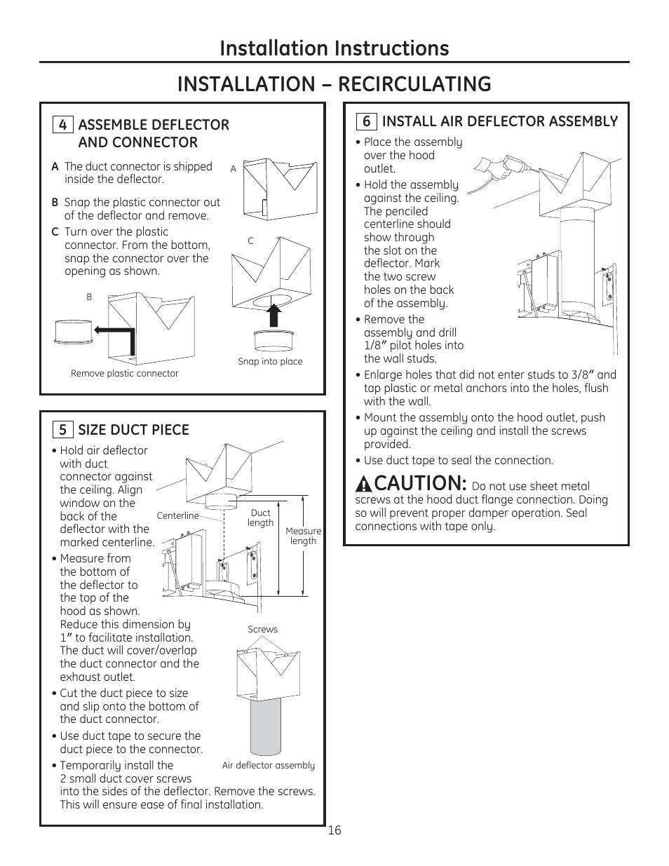 Caution, Assemble deflector and connector, 6 install air deflector assembly | 5 size duct piece | GE ZV750SPSS User Manual | Page 16 / 56