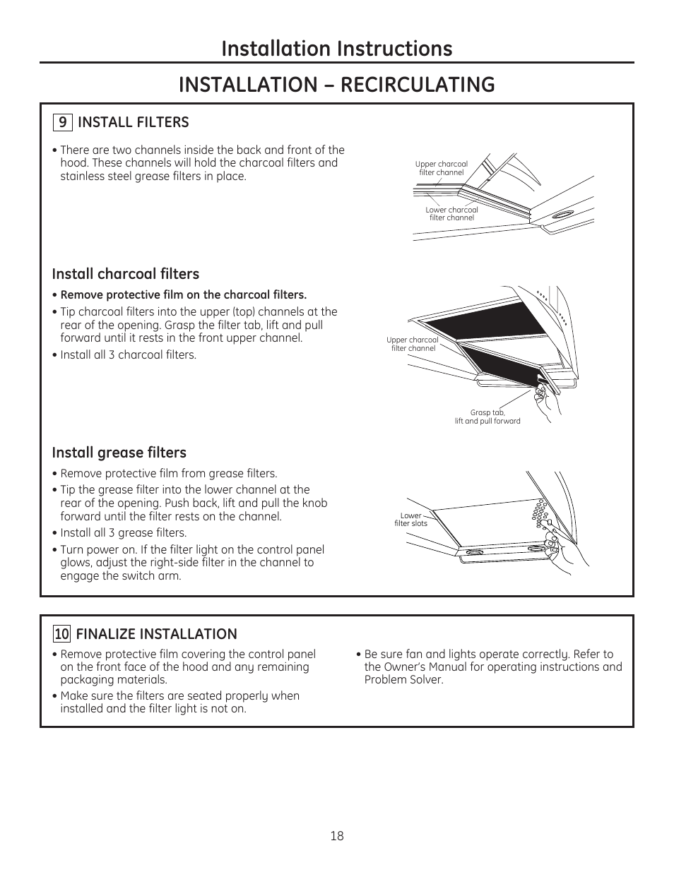 9 install filters, Install charcoal filters, Install grease filters | Finalize installation | GE ZV750SPSS User Manual | Page 18 / 56