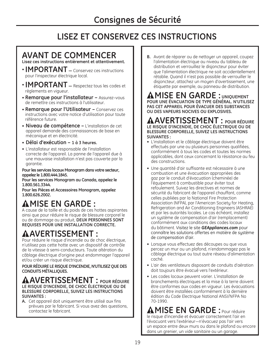 Consignes de sécurité avant de commencer, Mise en garde, Avertissement | Lisez et conservez ces instructions, Important | GE ZV750SPSS User Manual | Page 19 / 56