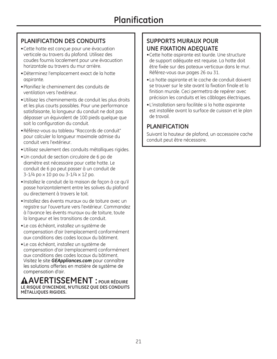 Planification, Avertissement | GE ZV750SPSS User Manual | Page 21 / 56