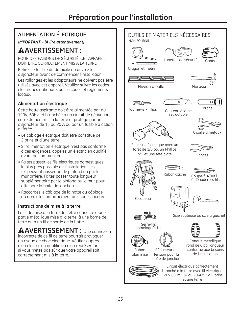 Préparation pour l’installation, Avertissement, Alimentation électrique | Outils et matériels nécessaires | GE ZV750SPSS User Manual | Page 23 / 56