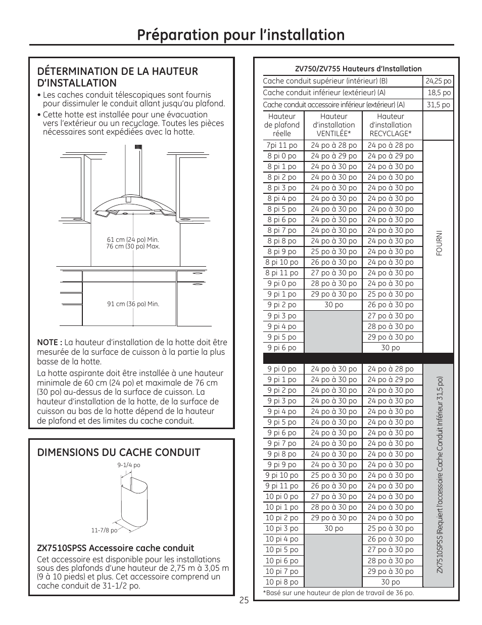 Préparation pour l’installation, Détermination de la hauteur d’installation, Dimensions du cache conduit | GE ZV750SPSS User Manual | Page 25 / 56